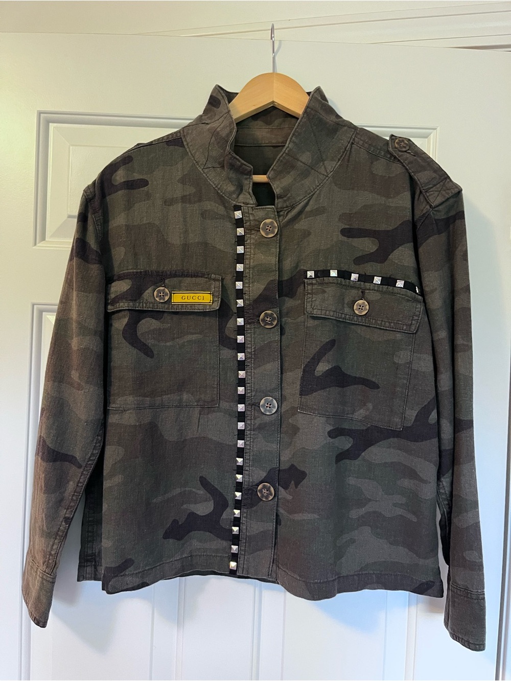 Designer Women's Camouflage Utility Jacket with Stud Trim